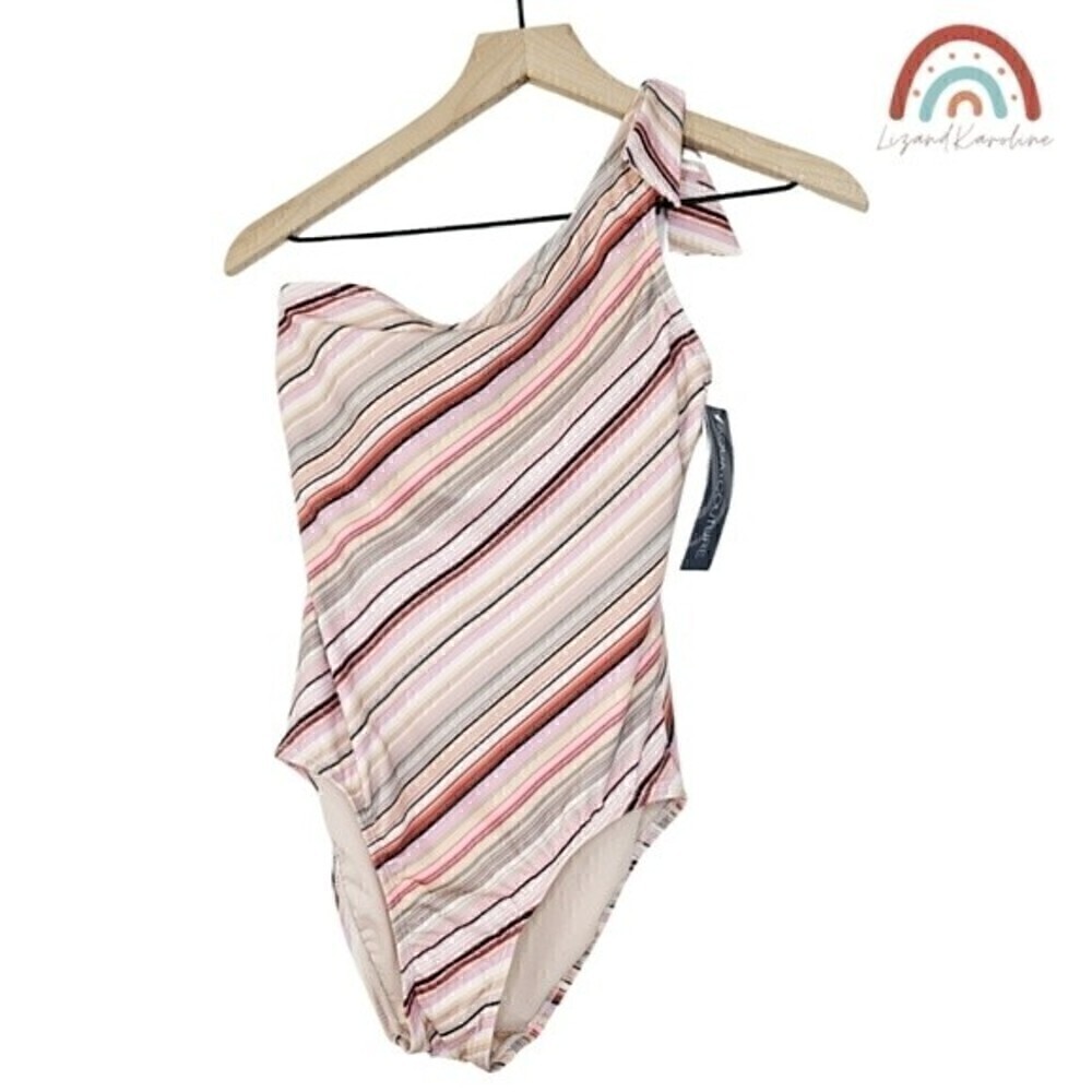 New! Aqua Couture One Shoulder Boho Stripes Tie Knot Bow One Piece Swimsuit